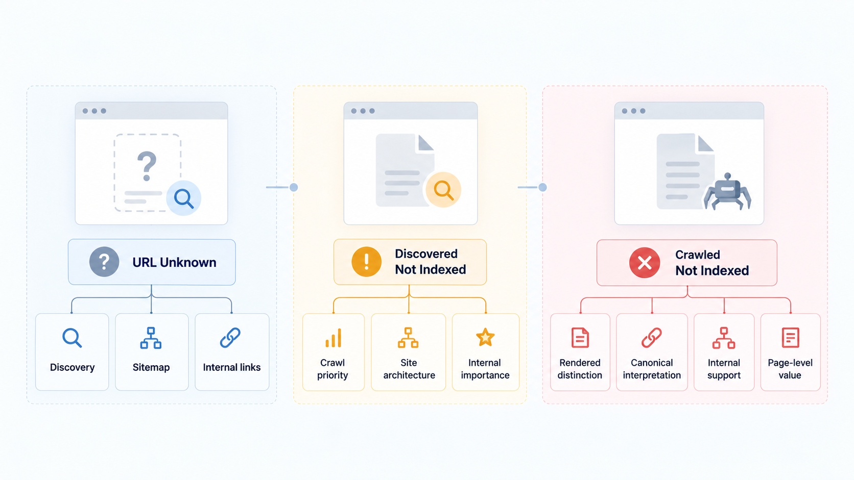Illustrative Google indexing state model for Astro.js URLs showing URL Unknown, Discovered Not Indexed, and Crawled Not Indexed with their different diagnostic directions.